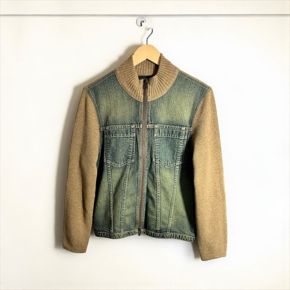 Women's Express 100% Lambs Wool & Denim Full Zip Mock Sweater Jacket Size Small - Picture 1 of 8
